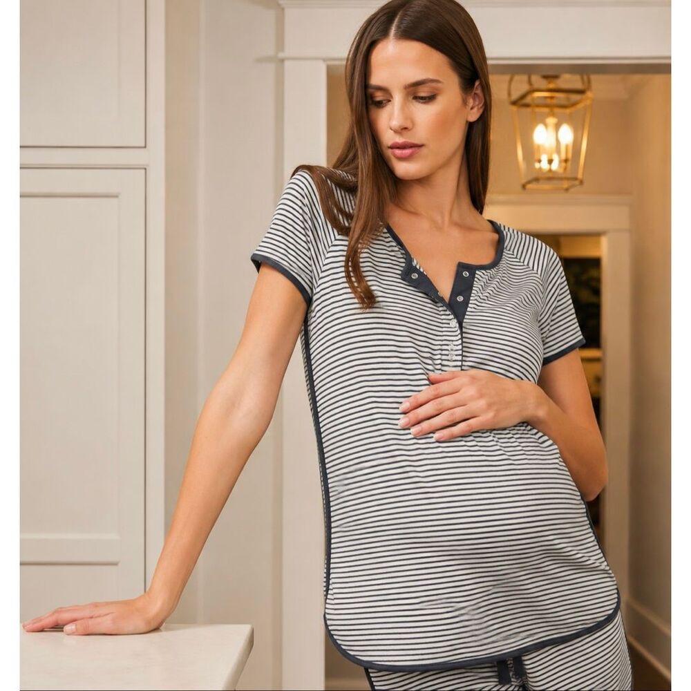 LAKE Pima Cotton Striped Maternity Sleep Shirt – Soft Nursing Lounge Top Med G31